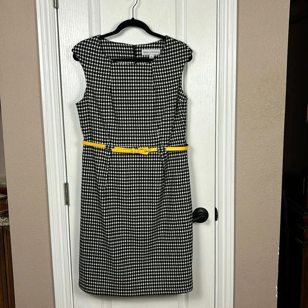 Emma & Michele Women's Belted Blk‎ & White Knee Length Sheath Dress Size 14